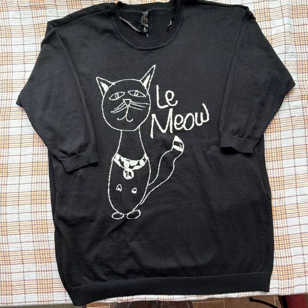 Seven 7 Melissa McCarthy Black Sweater Dress Le Meow Kitty Cat on the front 1x